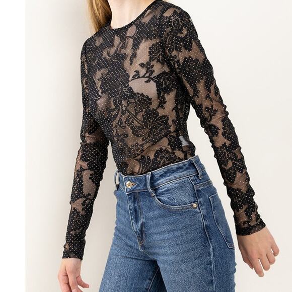 Ces Femme Boutique New Burgundy Red Floral Lace Mesh Rhinestone Bodysuit Small - Picture 4 of 9